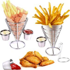 Winhon French Fry Cone Basket with Double Sauce Holder, Set of 2